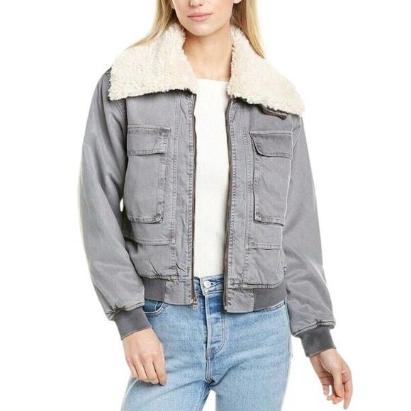 Revolve Young Fabulous & Broke Crop Jacket Women L Earhart Gray Sherpa Collar - Picture 1 of 16